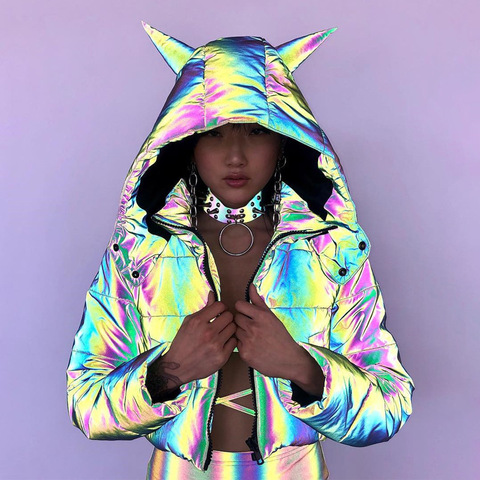 Winter Warm Women Rainbow Reflective Jacket Parka Hip Hop Fashion Short Long Female Cotton-Padded Hooded Coat Crop Top Dropshing ► Photo 1/6