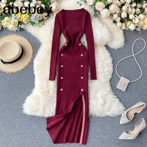 Women Sexy Split Knitting Dress Autumn Winter O Neck Long Sleeve Dress Korean Elasticity Warm Sheath Sweater Dress ► Photo 1/6