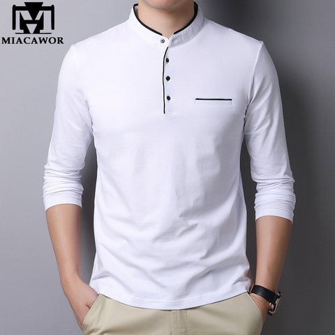 MIACAWOR New Spring Men Polo Shirt 95% Cotton Solid Color Mandarin Collar Long Sleeve Polo Men Slim Fit Polo Homme T805 ► Photo 1/6