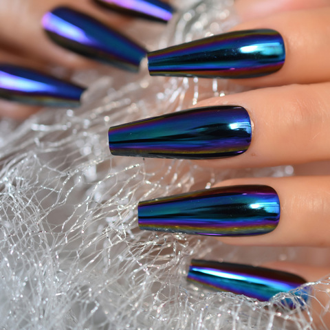 Chrome Diamond Blue Press On Fingernails Metallic Mirror Holo Fake Nails Extra Long Ladies Designed Tips for Finger ► Photo 1/6