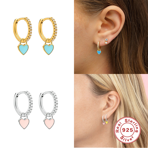 Aide 925 Sterling Silver Hoop Earrings With Cute Candy Neon Color Enamel Heart Charm Drop Earring Gold Silver Color For Girls ► Photo 1/6