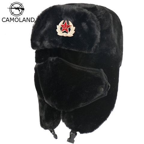 CAMOLAND Soviet Army Military Badge Bomber Hat Men Women Russia Ushanka Hats Faux Rabbit Fur Earflap Snow Caps Trapper Hats ► Photo 1/6
