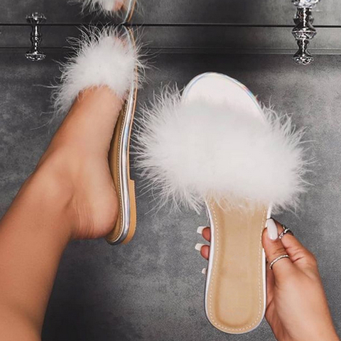 Woman Slippers 2022 Fashion White Feather Furry Flat Women Shoes Ladies Summer Outdoor Slides Female Plus Size 42 Home Slippers ► Photo 1/6