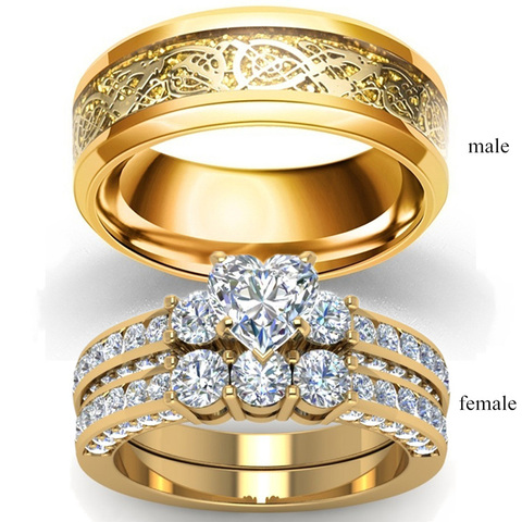Carofeez Fashion Jewelry Lover's Ring Wedding Gold-Color Women Heart Zircon Rings Set Vintage Dragon Stainless Steel Men Ring ► Photo 1/6