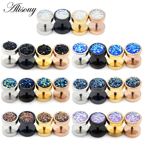 Alisouy 2pcs Stainless Steel Punk Double Sided Round Ore Crystal Men Women Dumbbells Barbell Ear Stud Earrings Piercing Jewelry ► Photo 1/6