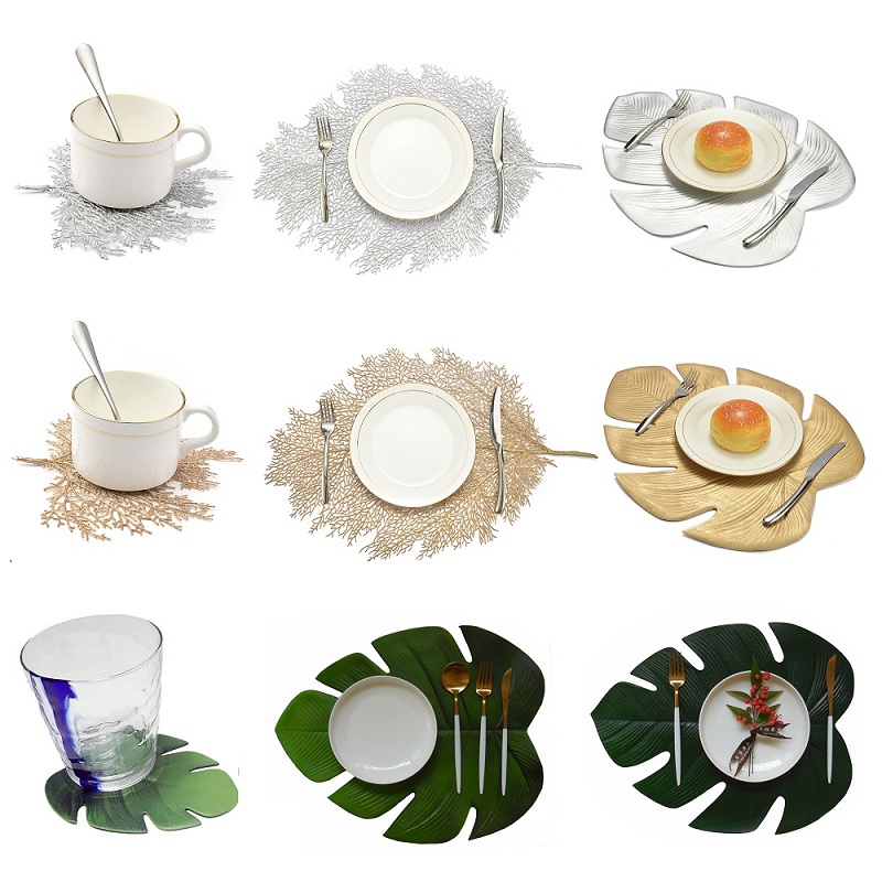 12pcs Artificial Fake Palm Leaves Table Placemat Cup Coaster Tea Table Mat Hawai 