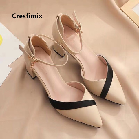 Cresfimix Women Classic Beige Square Heel Shoes for Party Ladies Classic Black Pu Leather Night Club Pumps Sapato Feminino C5762 ► Photo 1/6