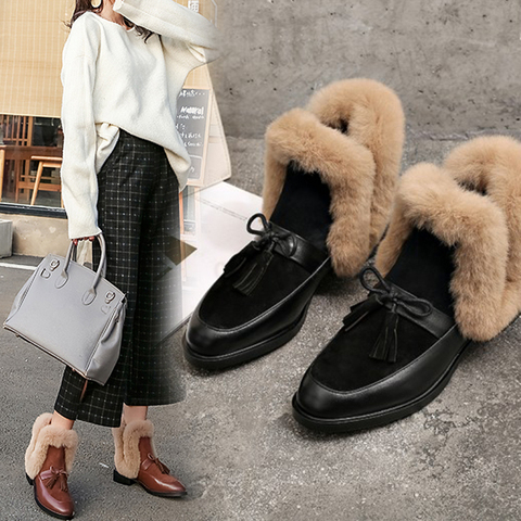 2022 winter women's ankle boots round toe low heel short plush warm women boots bowknot genuine leather women's shoes ► Photo 1/6