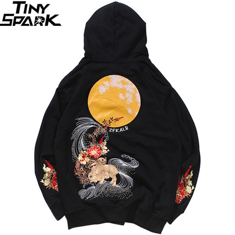 2022 Men Hip Hop Hoodie Sweatshirt Embroidered Floral Full Moon Rabbit Harajuku Streetwear Hoodie Pullover Cotton Autumn Hipster ► Photo 1/6