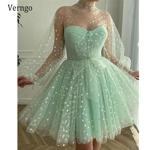 Verngo 2022 New Light Green Tulle Short Prom Dresses Puff Long Sleeves High Neck Ball Gown Homecoming Party Dress With Bow Sash ► Photo 1/6