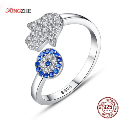 TONGZHE 925 Sterling Silver Evil Eye Ring Blue Eye Hamsa Hand Fatima Adjustable Female Rings Open Ring Women Wedding Jewelry ► Photo 1/6