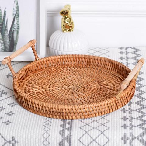 Hand-Woven Round Rattan Tray Fruit Snacks Storage Basket Organizer with Handle Autumn woven storage tray snack fruit tray ► Photo 1/6