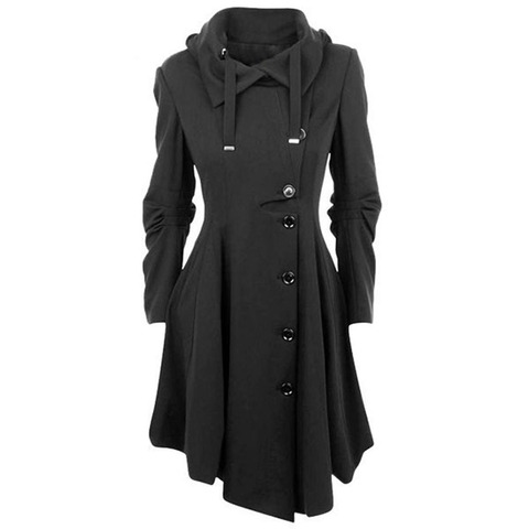 2022 Gothic Long Trench Coat Black Slim Asymmetric Lapel Collar Button Elegant Autumn Winter Vintage Goth Overcoat Outwears ► Photo 1/6