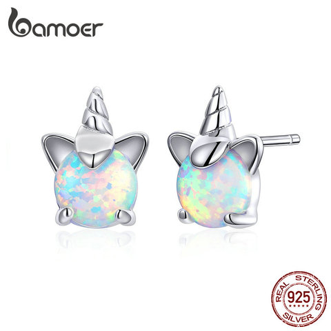 bamoer Genuine 925 Sterling Silver White Opal Licorne Animal Stud Earrings for Women Hypoallergenic  Earings for Kids SCE737 ► Photo 1/6