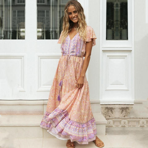 2022 Pink Boho Printed V-neck Butterfly Sleeve High Waist Tassel Summer Beach Dress Tunic Women Streetwear Maxi Dresses A777 ► Photo 1/1