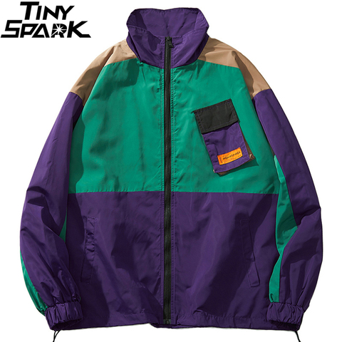 Men Hip Hop Streetwear Jacket Coat Retro Color Block Patchwork Harajuku Jacket Windbreaker Oversized Track Jacket Pocket Autumn ► Photo 1/6
