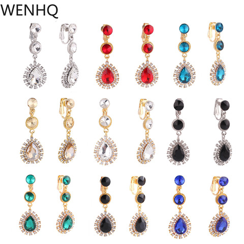 WENHQ 12 Colors High-grade Rhinestone Crystal Tear Drop Shape Clip on Earrings No Pierced for Women Wedding No Hole Ear Clip New ► Photo 1/6