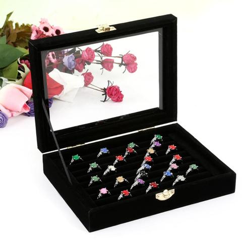 jewelry organizer/Jewelry Display Box Velvet Rings Stud Earrings Jewelry Display Tray Storage Box with Glass Lid joyeros organiz ► Photo 1/6
