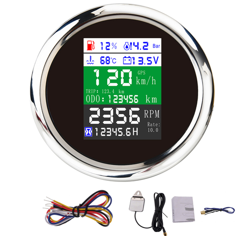 6 IN 1 Digital GPS Speedometer Odometer Tacho Meter  Water Temperature Fuel Level Gauge with GPS Antenna for Boat Car Motorcycle ► Photo 1/6