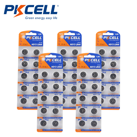 50Pcs/5card PKCELL 1.5V AG13 LR44 L1154 RW82 RW42 SR1154 SP76 A76 357A Button Coin Cell Batteries for thermometer ► Photo 1/6