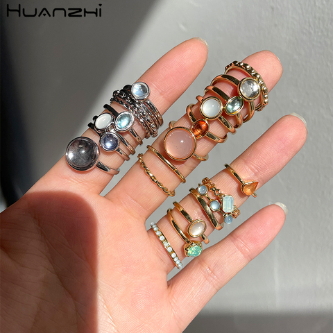 HUANZHI 2022 New Korea 8pcs/set Vintage Colorful Stone Metallic Chain Trendy Geometry Hit Rings Set for Women Girls Jewelry ► Photo 1/6