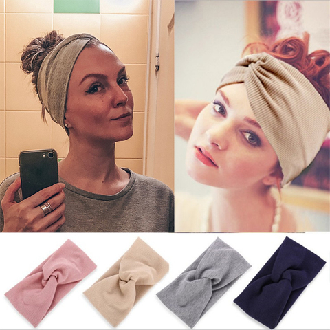 Women Headband Spiral Double Cross Knot Elastic Hair Bands Solid Color Wide Turban Girls Knit Cotton Hairband Hair Accessories ► Photo 1/6