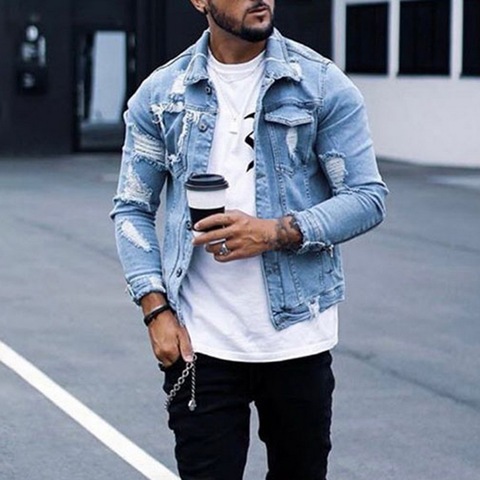 2022 Men's Denim Jacket Autumn Winter Fashion Ripped Hole Denim Jacket Men Pockets Blue Jeans Bomber Jackets Coat Plus size ► Photo 1/5