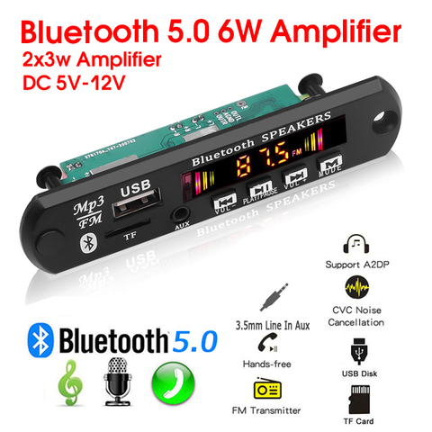 Hands-free MP3 Player Decoder Board 5V 12V Bluetooth 5.0 6W amplifier Car FM Radio Module Support FM TF USB AUX Recorders ► Photo 1/6