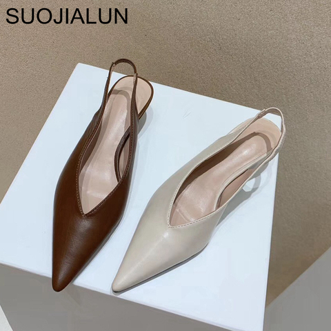 SUOJIALUN Fashion Brand Sandals Mules Women Shallow Mouth Pointed Toe Shoes Low Heel Slip On Slides Slipper Shoes ► Photo 1/6