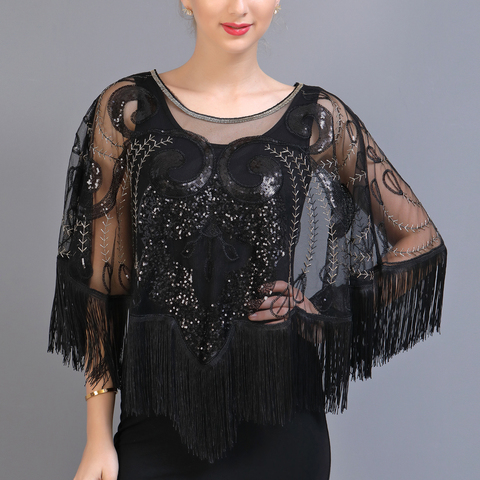 Vintage Sequin Tassel Evening Cape 1920s Flapper Party Fringed Shawl Wraps Embroidery Pullover Wedding Bridal Shawl Scarf ► Photo 1/6