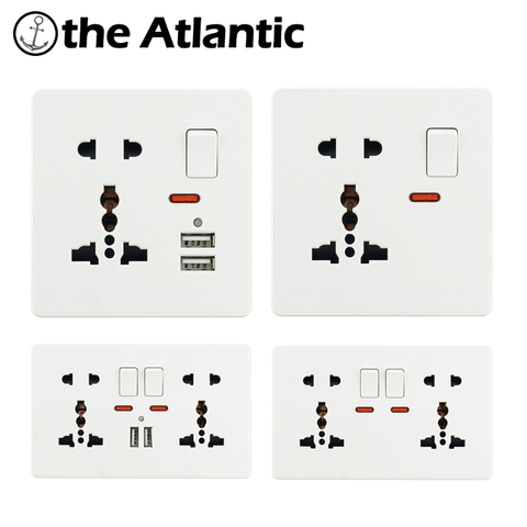 5 Hole 13A Universal Socket With 2.1A Dual USB Wall Power Socket 2 Pin 3 Pins White Plastic Frame Single Double Socket DE EU FR ► Photo 1/6