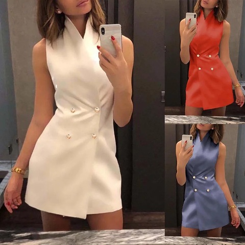 Women 2022 Summer Hot Fashion Casual Elegant Sleeveless Button Up Double-Breasted Short Mini Dresses Sexy Party Vintage Vestidos ► Photo 1/6