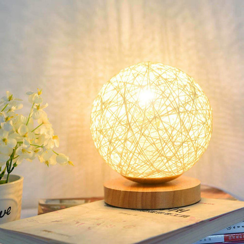 Bed USB Table Lamp Hand-Knit Lampshade Wood Moon Lamp Bedroom Home Wedding Decoration Moonlight Desk Light Bedside Lamp ► Photo 1/6