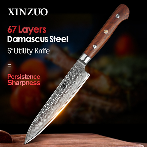 XINZUO 6'' Utility Knife vg10 Damascus Steel Kitchen Utility Knives for vegetables Rosewood Handle Stainless Steel Paring Knife ► Photo 1/6