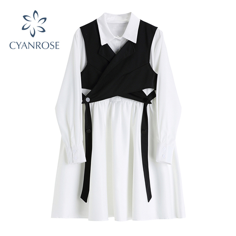 Two-Piece Designer Women 2022 Autumn Dress Fashion Casual Black White Lace Up Long Sleeve Korean Slim Bandage Shirt Dresses ► Photo 1/6