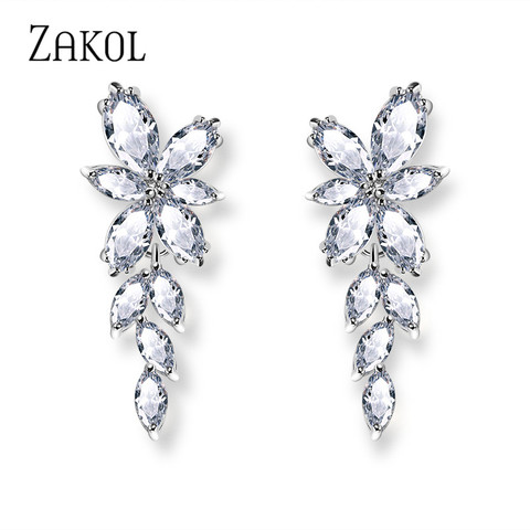 ZAKOL Marquise Cut Cluster Flower Zirconia Crystal Long Dangle Drop Earrings Shiny Leaf Bridal Wedding Jewelry for Women FSEP167 ► Photo 1/6