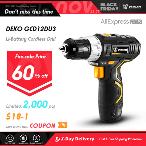 DEKO GCD12DU3 12V MAX Cordless Drill Electric Screwdriver Lithium-Ion Mini Power Driver 18+1 Settings Variable Standard Set ► Photo 1/1