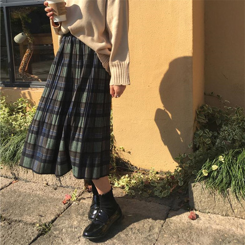 Vintage Wool Pleated Plaid Skirt Women High Waist Plus Size Long Skirt 2022 Autumn Winter Harajuku Female Party Skirt Streetwear ► Photo 1/6