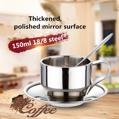 Bpa-Free 150ml Household Coffee&Tea Cup Double Wall 18/8 Stainless Steel Handle Mug Travel With spoon Dish Plate Saucer Sets ► Photo 1/1