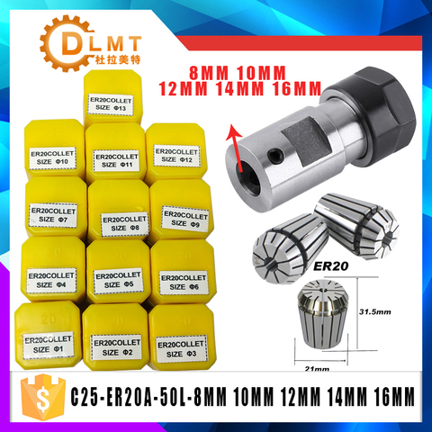 ER20 Collet Chuck 13PCS C25 ER20 Motor Shaft Extension Rod Spindle Collet Lathe Tools Holder Inner 8MM 10MM 12MM 14MM 16MM ► Photo 1/1