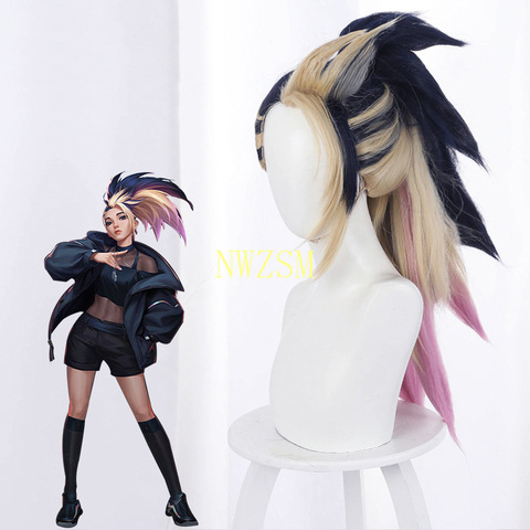 Game LOL KDA The Baddest Akali Role Play Mixed Color Ponytail Long Heat Resistant Synthetic Hair Halloween Party Cosplay Wig ► Photo 1/5