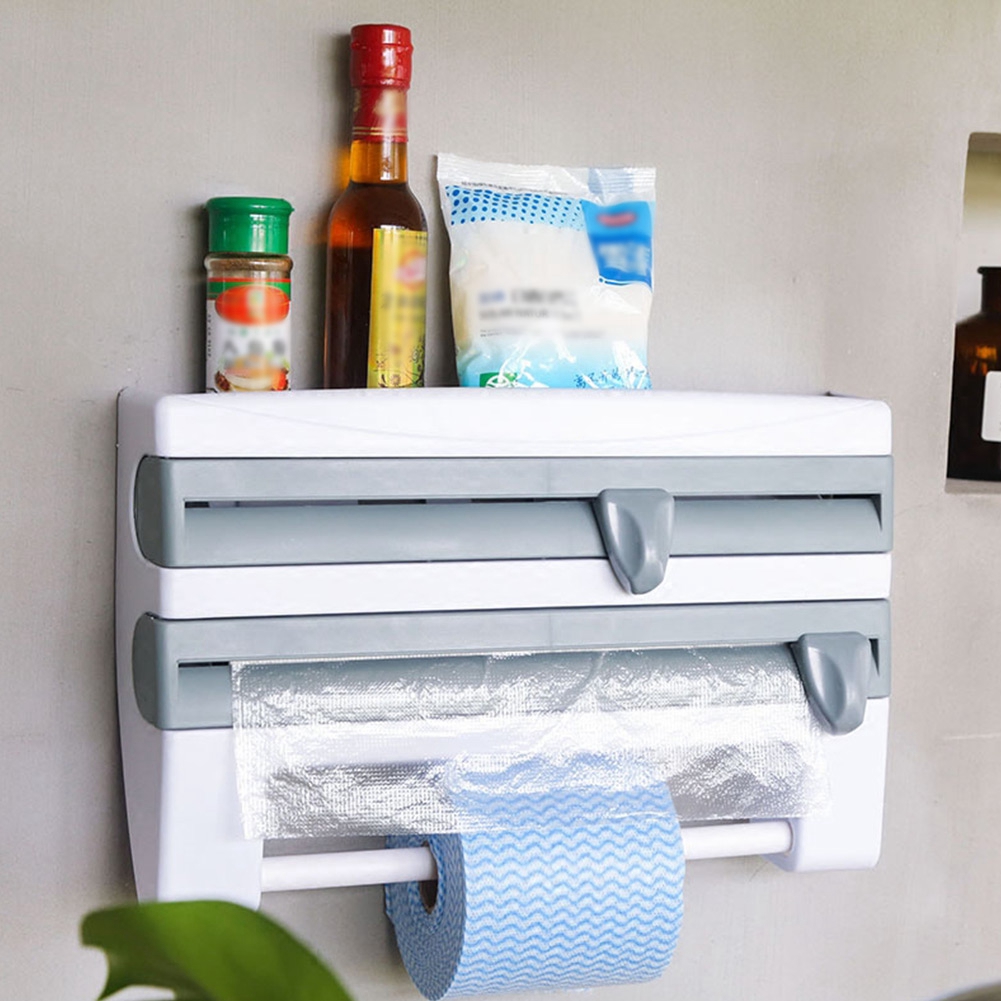 4 in 1 Wall Mounted Kitchen Rack Towel Holder Foil Roll Organizer Film Dispenser 