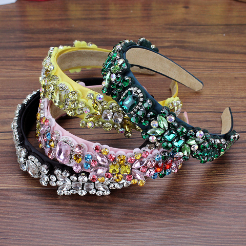 Wide Luxury Green Pink Yellow Crystal Princess Hairbands Floral Rhinestone Headbands For Women Girls Fashion Hair Accessories ► Photo 1/5