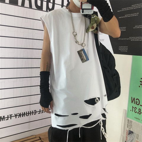 Summer men black white gray ripped destroyed hole punk tank top hip hop street vest men's vintage sleeveless shirt ► Photo 1/6