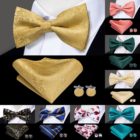 Hi-Tie Classic Black Bow Ties for Men 100% Silk Butterfly Pre-Tied Bow Tie Pocket Square Cufflinks Suit Set Floral Gold Bowties ► Photo 1/6