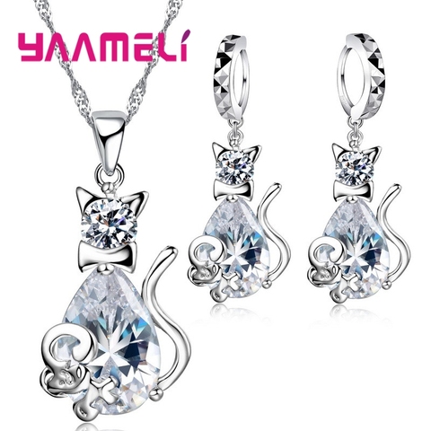 Lovely Christmas Birthday Gift for Girls 925 Sterling Silver Shining Cubic Zircon Cute Cat Pendant Necklace Earrings Jewelry Set ► Photo 1/6