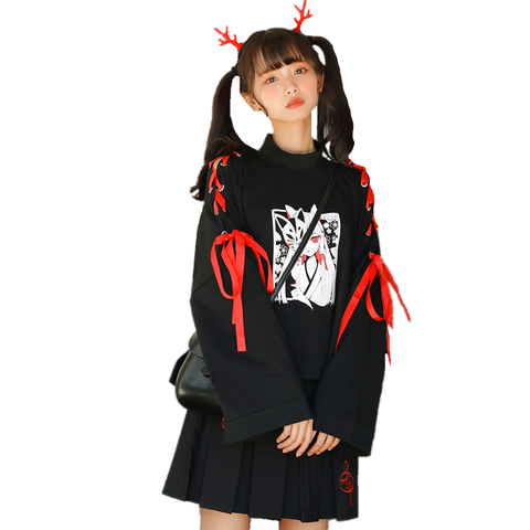 Japanese Cartoon Fox Girl Print Hoodie Harajuku Women Gothic Ribbon Lace Up Flare Sleeve Kawaii Plus Velvet Pullover Sweatshirt ► Photo 1/6