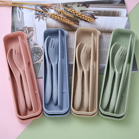 Wheat Straw Cutlery Dinnerware Set Knife Fork Spoon Box Portable Travel Dinnerware for Kids Adult Camping Picnic Supplies ► Photo 1/6