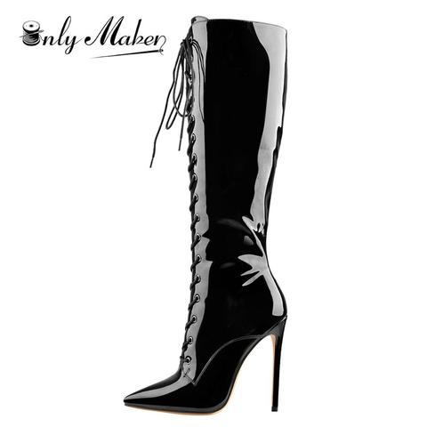 Onlymaker Women’s Pointed Toe Lace Up Thin High Heel Bootie Sexy Stiletto Zip Black Patent Over The Knee High Boot Big Size US15 ► Photo 1/6