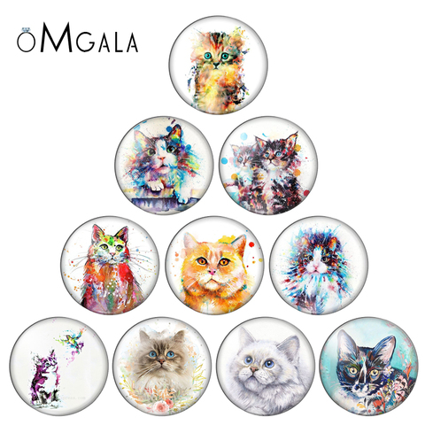 Beautiful Watercolor Cute Cats Drawing 10pcs mixed 12mm/18mm/20mm/25mm Round photo glass cabochon demo flat back Making findings ► Photo 1/6